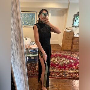 ALFRED SHAHEEN Vintage Black Cheongsam Dress Gold Greek Key Detail